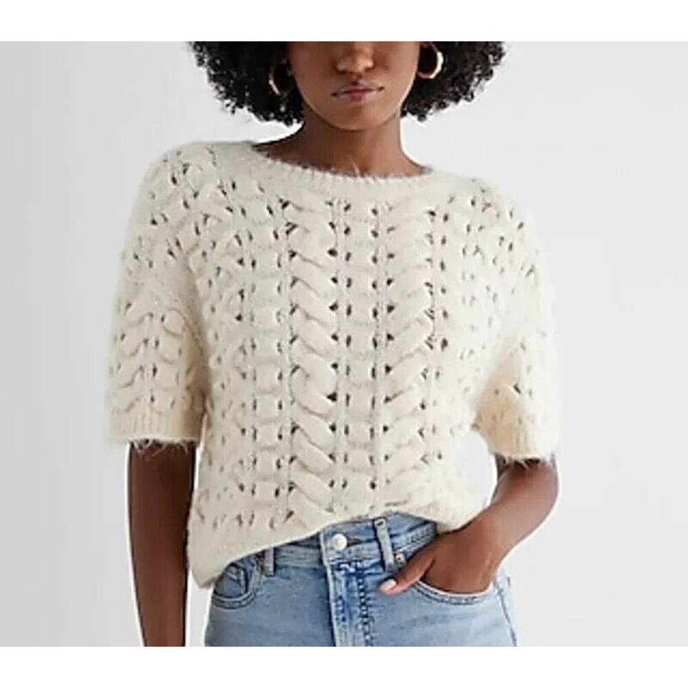 NWT Express Open Stitch Cable Knit Crew Neck Short Sleeve Sweater Women Size S